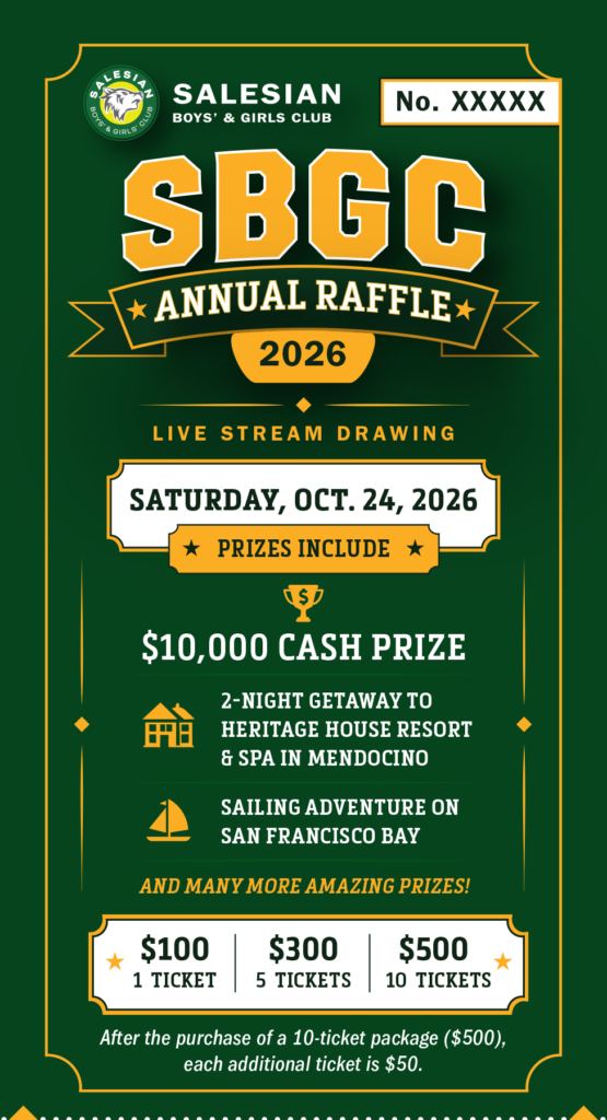 2026 Salesian Boys’ & Girls’ Club Annual Raffle poster with ticket and prize information.